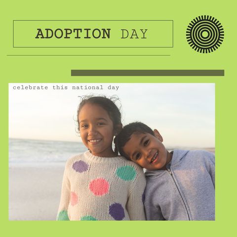 Smiling biracial children celebrating adoption day at beach