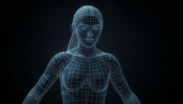 Displaying futuristic cyan 3d wireframe female torso with glowing grid lighting