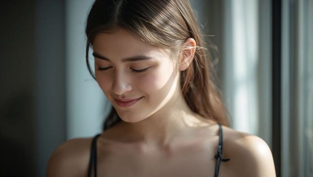 Serene young woman closing eyes by sunlit window, soft natural light portrait