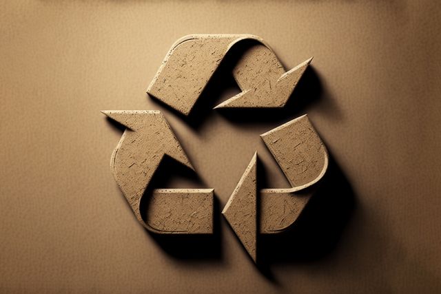 Image shows a recycle symbol crafted from cardboard on a brown paper background. Ideal for promoting eco-friendly practices, recycling initiatives, and environmental awareness. Suitable for use in educational materials, presentations on sustainability, and websites focused on waste management and green living.