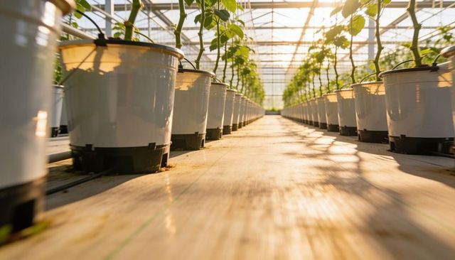 Sunlight streaming through greenhouse rows of drip-irrigated potted plants, low angle