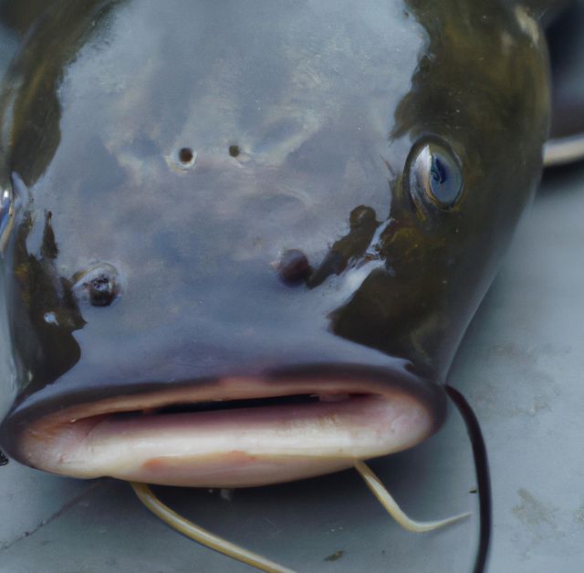 Close up of shiny brown catfish lying over gray background. Nature, animals and fish concept.