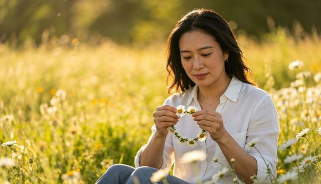 Asian woman crafting daisy crown in sunlit meadow at golden hour