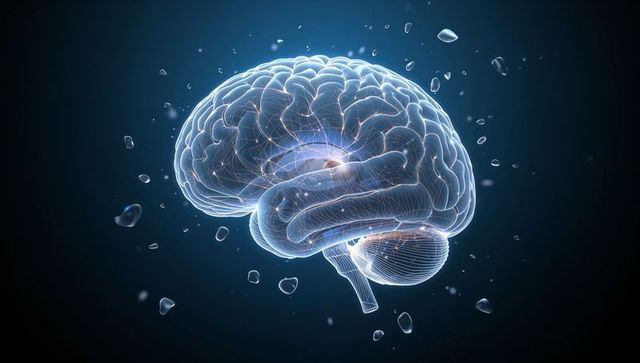 Holographic Wireframe Brain Showing Glowing Neural Network and Cerebellum Connectivity