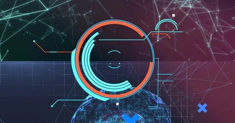 Rotating concentric hud over neon network grid and digital globe for futuristic data visualization