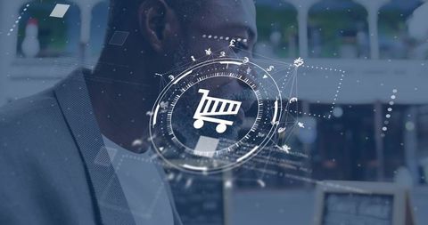 Black Businessman Viewing Futuristic Shopping Cart HUD for Digital Retail and Commerce