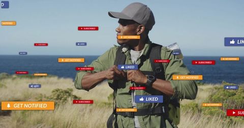Hiker adjusting backpack strap on coastal trail with social media notification overlays