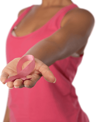 Transparent Woman Holding Pink Ribbon for Breast Cancer Awareness