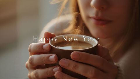 Woman Cradling Steaming Mug Wearing Knit Sweater Happy New Year Cozy Morning Closeup