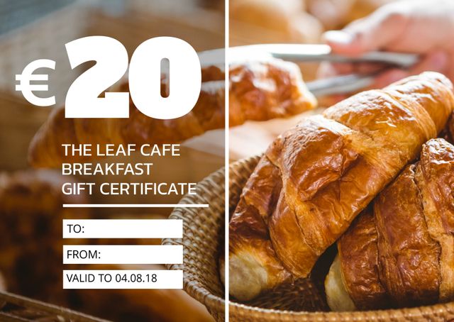 Euro 20 Leaf Cafe breakfast gift certificate displayed with golden croissants. Ideal for promoting cafe offers, breakfast specials, bakery rewards, or as a food-themed present. The image's appetizing visual can attract customers and enhance marketing materials for culinary establishments or as a delightful reward.