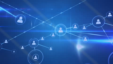 Digital Network Interface with Connected Icons on Blue Background