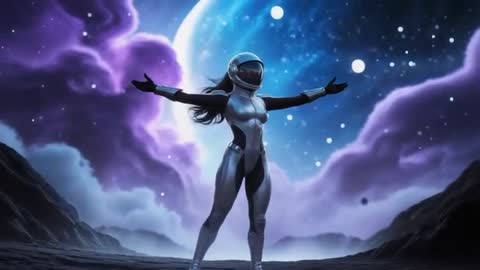 Astronaut Exploring Alien Landscape with Distant Planet and Purple Nebula