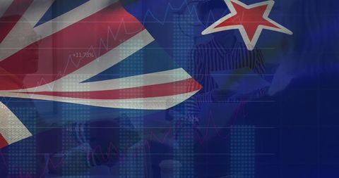 New zealand flag and financial graphs in corporate boardroom