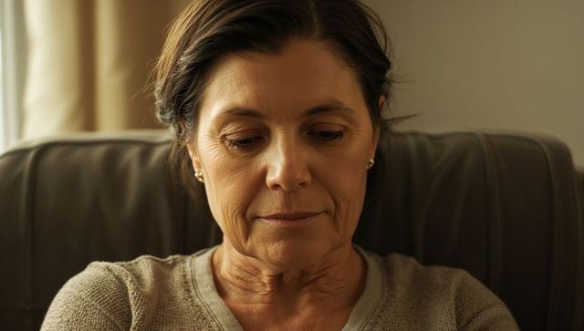 Pensive mature woman sitting in leather armchair gazing downward, warm interior portrait