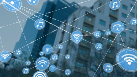 Digital Network of Music and WiFi Icons Over Cityscape