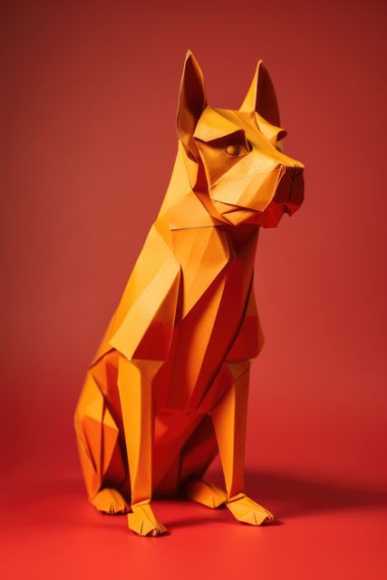 Intricate origami dog figure sitting against red background reflecting craftsmanship and attention to detail. Suitable for promoting arts and crafts, educational materials on Japanese origami, or decorative art galleries. Perfect for uses in creative courses, DIY projects, and craft exhibition promotions.