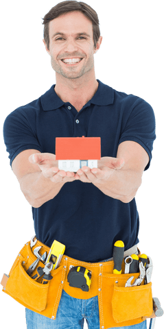 smiling craftsman presenting miniature house with transparent background - Download Free Stock Videos Pikwizard.com