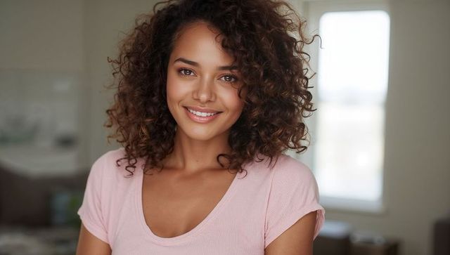Smiling Woman with Curly Hair in Casual Home Environment