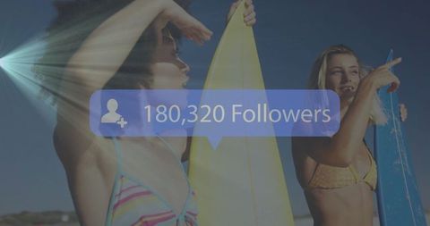 Women Holding Surfboards on Sunny Beach with Social Media Focus