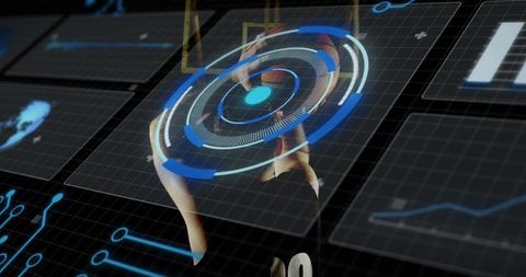 Male basketball player interacting with holographic hud and data panels in futuristic training