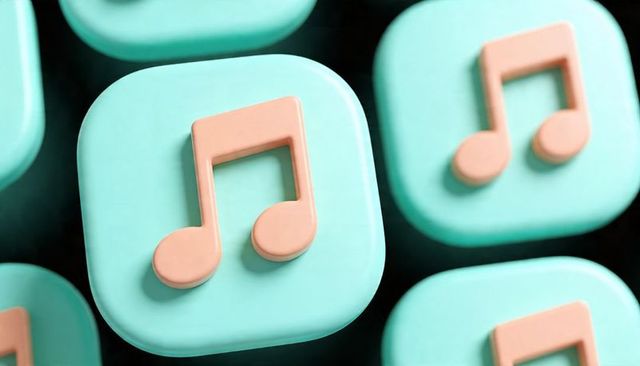 Showcasing peach music notes on teal rounded tiles macro closeup grid pastel ui concept