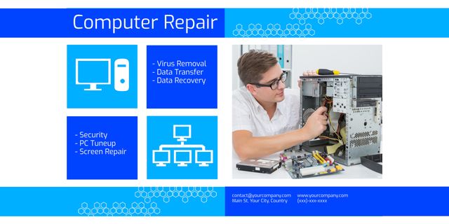 Technician Repairing Computer with Marketing Layout for IT Services - Download Free Stock Templates Pikwizard.com