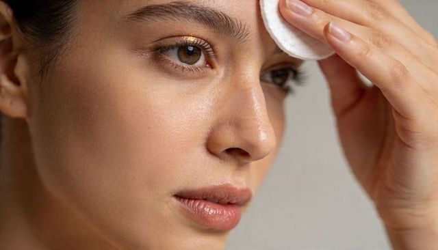 Closeup woman doing skincare cleansing with cotton pad showing dewy skin gold eyeshadow