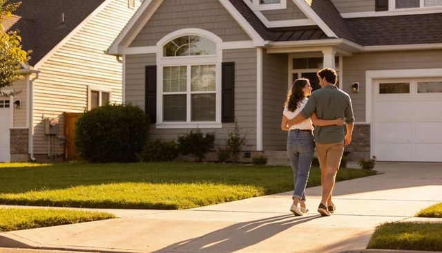 Couple walking toward suburban home at sunset embracing on driveway with long shadows