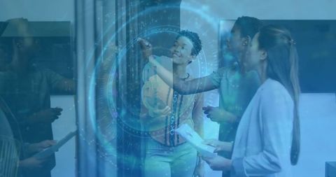 Innovative Business Team Collaborating on Data Enhanced Glass