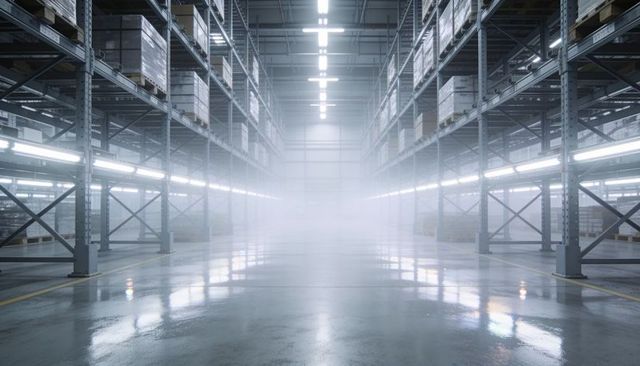 Foggy industrial warehouse aisle with vanishing-point perspective and reflective pallet racks