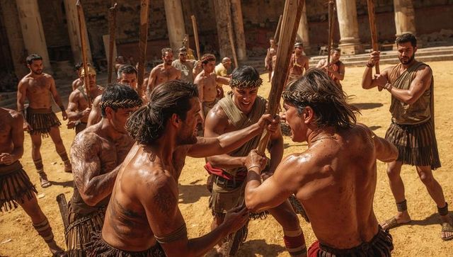 Sunlit gladiators wrestling over wooden staff in ancient colonnade arena roman combat