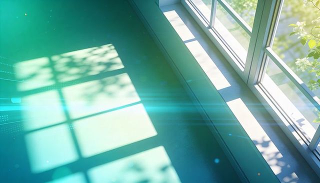 Sunlight Casting Multi-Pane Window Grid Shadows on Teal Floor with Soft Lens Flare