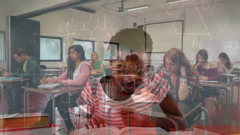 Diverse Students Studying with Mathematics Overlay in Classroom