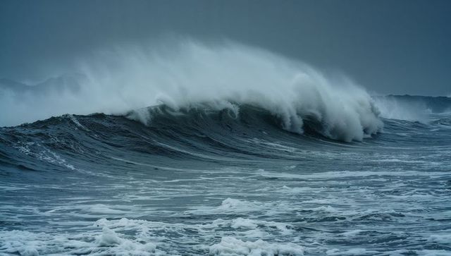 Surging Ocean Wave Curling and Breaking under Stormy Sky, Foamy Spray, Moody Seascape