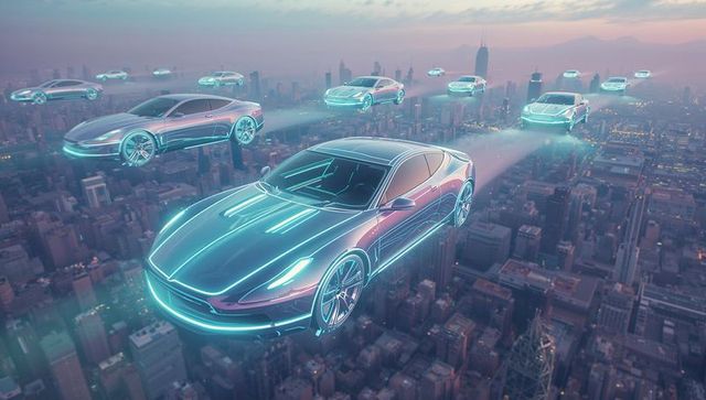 Futuristic Neon Hover Cars Glide Above City Skyline
