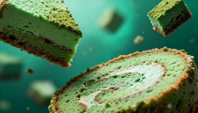 Floating pistachio roll cake showcasing cream spiral, sponge crumbs and mint-green swirl