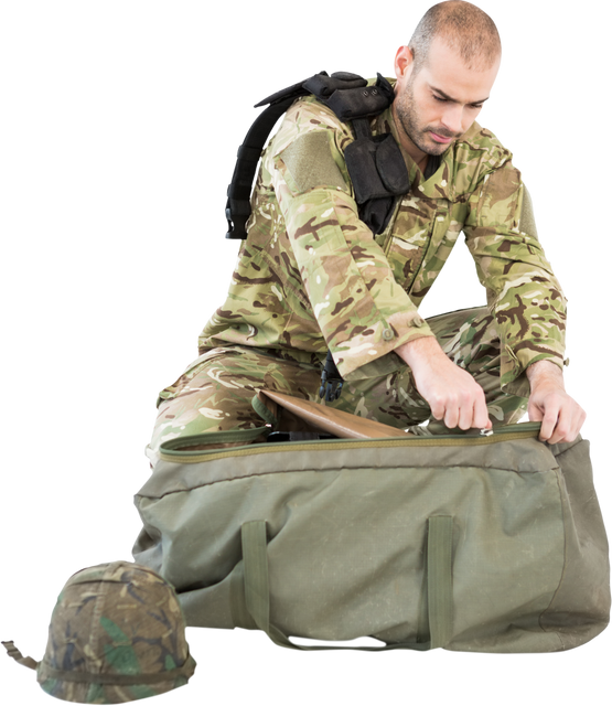 Male Soldier Packing Green Tactical Bag on Transparent Background - Download Free Stock Videos Pikwizard.com