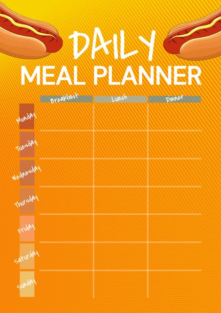 This vibrant daily meal planner template is ideal for individuals looking to maintain an organized diet. Featuring sections for breakfast, lunch, and dinner across each day of the week, it supports meal planning and nutrition tracking easily. The hot dog graphics add a playful touch, making it suitable for family use. Perfect for personal diet management, school meal coordination, or fitness enthusiasts in need of structured meal planning.
