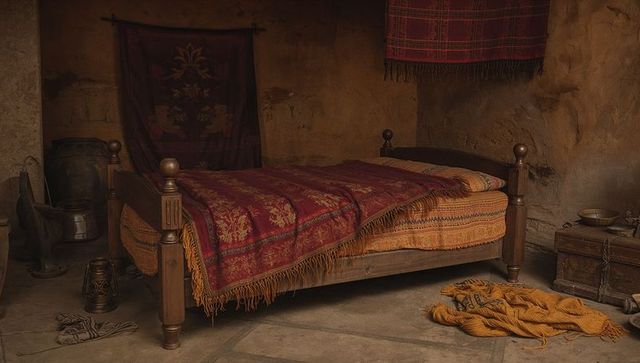 Rustic wooden four-post bed featuring woven coverlets, tapestry walls, lantern ambience