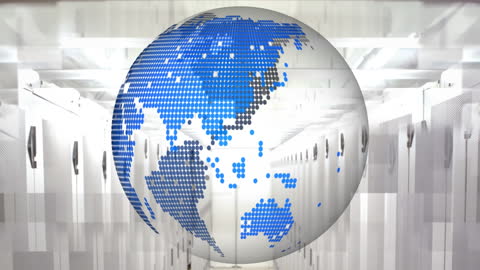 Digital Globe Overlay on Server Room Illustrates Global Connectivity