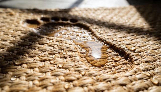 Sunlit wet footprint on woven jute doormat with water droplets and braided texture closeup