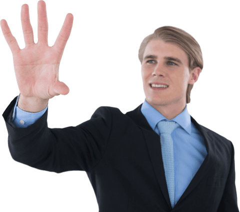 smiling businessman gesturing to transparent digital interface - Download Free Stock Videos Pikwizard.com