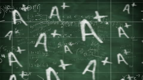 Abstract Chalkboard with Mathematical Equations and A+ Symbols