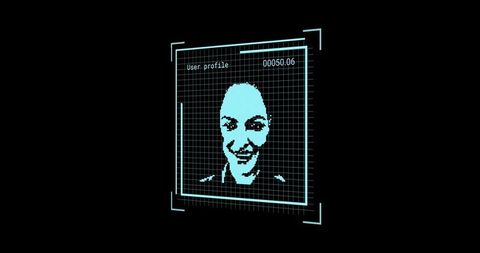 Cyan pixelated holographic face scan in futuristic grid interface for biometric ui dashboard