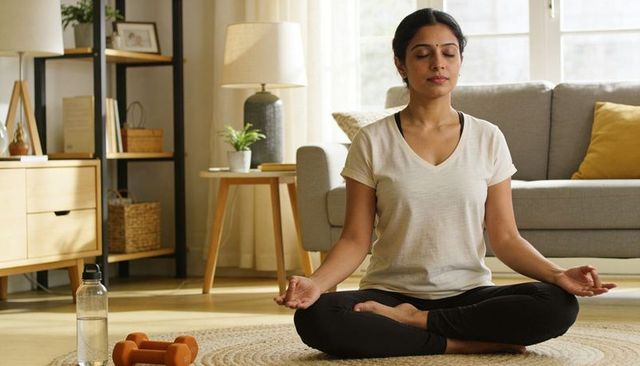 Woman meditating in sunlit living room with orange dumbbell, water bottle