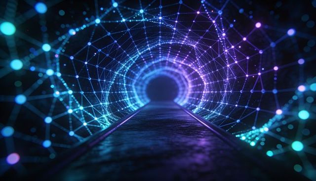 Neon mesh tunnel drawing into dark void with glowing network corridor and digital rail