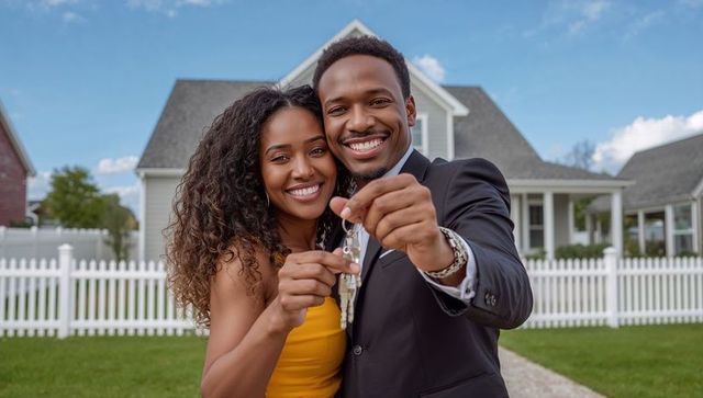 Smiling Couple Holding House Keys in Front Yard of New Home