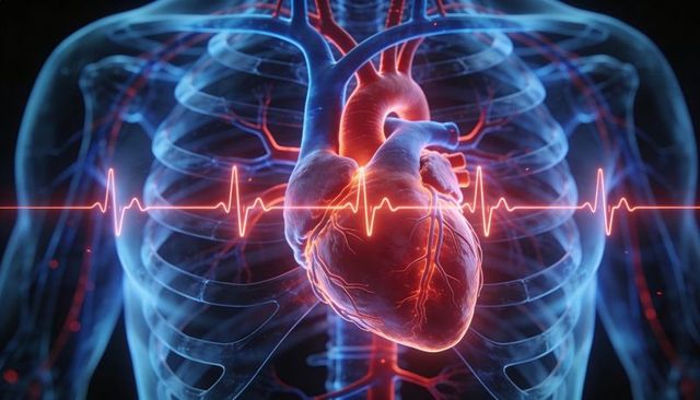 Glowing 3d heart with ecg trace and visible coronary vessels inside transparent ribcage
