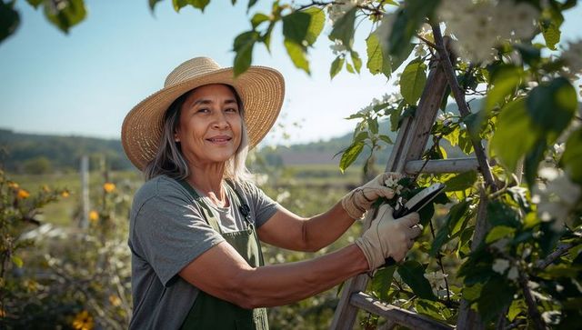 Woman gardener tending white-blossom vines on ladder trellis with pruning shears in sunlight
