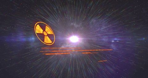 Glowing radioactive trefoil emblem floating in cosmic nebula with orange hud warning bars
